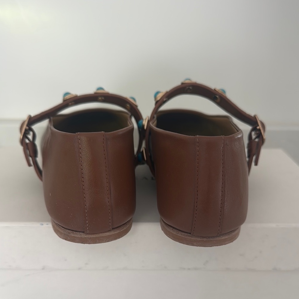 Freda Salvador Brown Leather Mary Jane Flats with Turquoise Accent - Picture 3 of 5